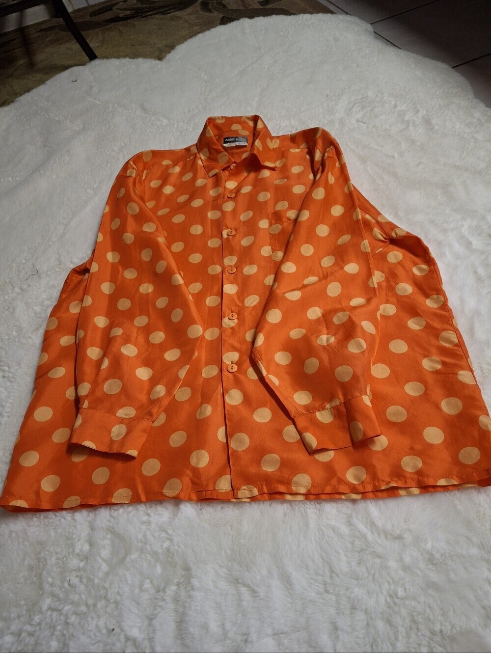 NAF NAF Paris Silk Orange with Beige Polka-Dots Button-Up Blouse Size X-Large - Picture 8 of 16